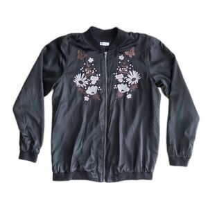 Xhilaration Black Floral Butterfly Embroidered Satin Bomber Jacket Womens size L